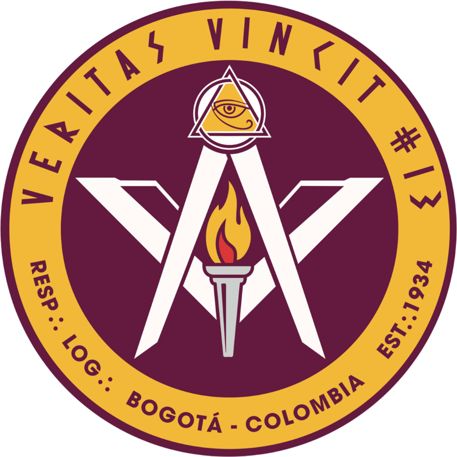 Sello de la Respetable Simbólica Meritoria y Nonagenaria Logia Veritas Vincit número 13: escuadra y compás entrelazados sobre una antorcha encendida, coronados por el delta luminoso con el ojo de la providencia